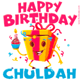 A vibrant and funny gift box character with a happy face dancing with a cupcake and the text 'Happy Birthday Chuldah,' surrounded by animated confetti and party vibes.