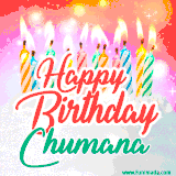 Bright birthday candles with rainbow flames on a cake, alongside the text 'Happy Birthday Chumana' in vibrant script in this celebratory animated GIF.
