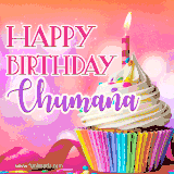 A vibrant birthday GIF featuring a rainbow-colored cupcake topped with white frosting, sprinkles, and a lit candle. The text reads 'Happy Birthday Chumana' in bold pink and violet letters with white outline.