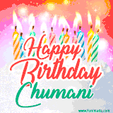 Bright birthday candles with rainbow flames on a cake, alongside the text 'Happy Birthday Chumani' in vibrant script in this celebratory animated GIF.