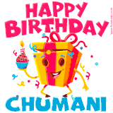 A vibrant and funny gift box character with a happy face dancing with a cupcake and the text 'Happy Birthday Chumani,' surrounded by animated confetti and party vibes.