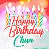 Bright birthday candles with rainbow flames on a cake, alongside the text 'Happy Birthday Chun' in vibrant script in this celebratory animated GIF.