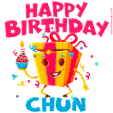 A vibrant and funny gift box character with a happy face dancing with a cupcake and the text 'Happy Birthday Chun,' surrounded by animated confetti and party vibes.