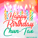Bright birthday candles with rainbow flames on a cake, alongside the text 'Happy Birthday Chun-Tao' in vibrant script in this celebratory animated GIF.