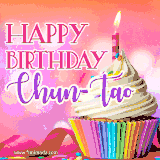 A vibrant birthday GIF featuring a rainbow-colored cupcake topped with white frosting, sprinkles, and a lit candle. The text reads 'Happy Birthday Chun-Tao' in bold pink and violet letters with white outline.