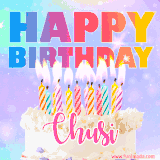 A vibrant animated name GIF with the words 'Happy Birthday Chusi' with colorful candles on a creamy cake. The background sparkles with pastel shades, adding a festive touch.
