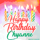 Bright birthday candles with rainbow flames on a cake, alongside the text 'Happy Birthday Chyanne' in vibrant script in this celebratory animated GIF.