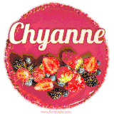 Beautifully decorated red velvet berry birthday cake with vibrant fruits and a glowing 'Chyanne' name, adding a touch of sweetness and sparkle.