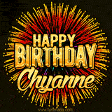 Golden 'Happy Birthday Chyanne' text accompanied by animated rainbow fireworks for a festive animated greeting.