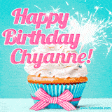 A festive cupcake with pink icing, a gingham bow, and a lit animated sparkler, paired with 'Happy Birthday Chyanne!' in bright pink text.