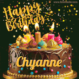A delightful chocolate birthday cake with bright candles and 'Happy Birthday Chyanne' written in gold amidst a shower of animated stars.