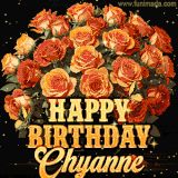 Animated bouquet of orange roses with moving butterfles and golden 'Happy Birthday Chyanne' text, surrounded by sparkling accents and a dark backdrop for a luxurious feel.