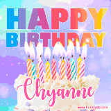 A vibrant animated name GIF with the words 'Happy Birthday Chyanne' with colorful candles on a creamy cake. The background sparkles with pastel shades, adding a festive touch.