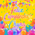 A bright and festive GIF with the text 'Feliz Cumpleaños Chyna' in Spanish in colorful fonts, surrounded by confetti, balloons, and festive banners on a vibrant yellow background.
