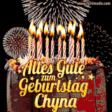 A chocolate birthday cake with glowing candles, the German text 'Alles Gute zum Geburtstag Chyna,' and vibrant fireworks lighting up the background in an animated GIF.