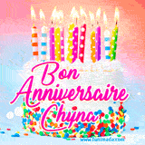 A white birthday cake covered in colorful sprinkles, topped with bright candles, and French text 'Bon Anniversaire Chyna' on a pastel gradient background in an animated GIF.