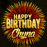 Golden 'Happy Birthday Chyna' text accompanied by animated rainbow fireworks for a festive animated greeting.