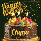 A delightful chocolate birthday cake with bright candles and 'Happy Birthday Chyna' written in gold amidst a shower of animated stars.