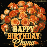 Animated bouquet of orange roses with moving butterfles and golden 'Happy Birthday Chyna' text, surrounded by sparkling accents and a dark backdrop for a luxurious feel.