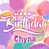 A vibrant name GIF featuring colorful balloons in shades of pink, orange, and yellow with the bold text 'Happy Birthday Chyna' in festive fonts, creating a lively birthday vibe.