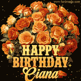 Animated bouquet of orange roses with moving butterfles and golden 'Happy Birthday Ciana' text, surrounded by sparkling accents and a dark backdrop for a luxurious feel.