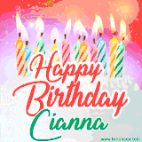 Bright birthday candles with rainbow flames on a cake, alongside the text 'Happy Birthday Cianna' in vibrant script in this celebratory animated GIF.