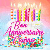 A white birthday cake covered in colorful sprinkles, topped with bright candles, and French text 'Bon Anniversaire Cianna' on a pastel gradient background in an animated GIF.
