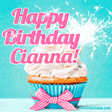 A festive cupcake with pink icing, a gingham bow, and a lit animated sparkler, paired with 'Happy Birthday Cianna!' in bright pink text.