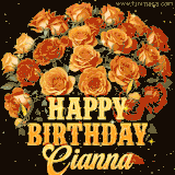 Animated bouquet of orange roses with moving butterfles and golden 'Happy Birthday Cianna' text, surrounded by sparkling accents and a dark backdrop for a luxurious feel.