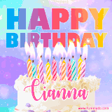 A vibrant animated name GIF with the words 'Happy Birthday Cianna' with colorful candles on a creamy cake. The background sparkles with pastel shades, adding a festive touch.