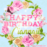A charming animated GIF featuring 'Happy Birthday Ciannait' in pink and green text, surrounded by delicate roses, leaves, and fluttering butterflies on a soft light blue pastel background.