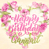 A stunning heart made of pink roses surrounds the elegant script text 'Happy Birthday Ciannait' on a soft beige background. Animated sparkles add a magical and festive feel.