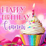A vibrant birthday GIF featuring a rainbow-colored cupcake topped with white frosting, sprinkles, and a lit candle. The text reads 'Happy Birthday Cianni' in bold pink and violet letters with white outline.