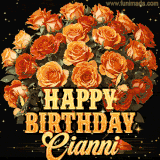 Animated bouquet of orange roses with moving butterfles and golden 'Happy Birthday Cianni' text, surrounded by sparkling accents and a dark backdrop for a luxurious feel.