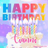 A vibrant animated name GIF with the words 'Happy Birthday Cianni' with colorful candles on a creamy cake. The background sparkles with pastel shades, adding a festive touch.