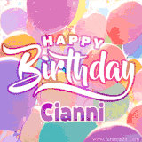 A vibrant name GIF featuring colorful balloons in shades of pink, orange, and yellow with the bold text 'Happy Birthday Cianni' in festive fonts, creating a lively birthday vibe.