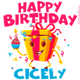 A vibrant and funny gift box character with a happy face dancing with a cupcake and the text 'Happy Birthday Cicely,' surrounded by animated confetti and party vibes.