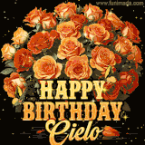 Animated bouquet of orange roses with moving butterfles and golden 'Happy Birthday Cielo' text, surrounded by sparkling accents and a dark backdrop for a luxurious feel.