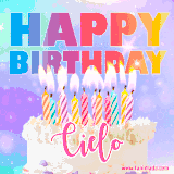 A vibrant animated name GIF with the words 'Happy Birthday Cielo' with colorful candles on a creamy cake. The background sparkles with pastel shades, adding a festive touch.
