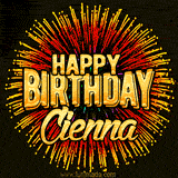 Golden 'Happy Birthday Cienna' text accompanied by animated rainbow fireworks for a festive animated greeting.