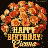 Animated bouquet of orange roses with moving butterfles and golden 'Happy Birthday Cienna' text, surrounded by sparkling accents and a dark backdrop for a luxurious feel.