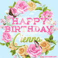 A charming animated GIF featuring 'Happy Birthday Cienna' in pink and green text, surrounded by delicate roses, leaves, and fluttering butterflies on a soft light blue pastel background.