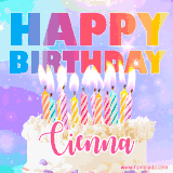 A vibrant animated name GIF with the words 'Happy Birthday Cienna' with colorful candles on a creamy cake. The background sparkles with pastel shades, adding a festive touch.