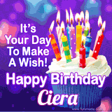 A colorful birthday GIF for Ciera featuring a cupcake with vibrant lit candles and the text 'It's Your Day to Make a Wish! Happy Birthday Ciera' in bold letters on a festive purple background.