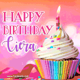 A vibrant birthday GIF featuring a rainbow-colored cupcake topped with white frosting, sprinkles, and a lit candle. The text reads 'Happy Birthday Ciera' in bold pink and violet letters with white outline.