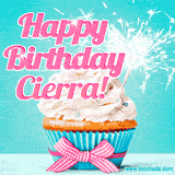 A festive cupcake with pink icing, a gingham bow, and a lit animated sparkler, paired with 'Happy Birthday Cierra!' in bright pink text.