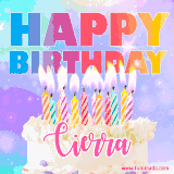 A vibrant animated name GIF with the words 'Happy Birthday Cierra' with colorful candles on a creamy cake. The background sparkles with pastel shades, adding a festive touch.
