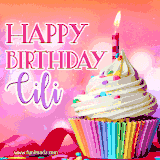 A vibrant birthday GIF featuring a rainbow-colored cupcake topped with white frosting, sprinkles, and a lit candle. The text reads 'Happy Birthday Cili' in bold pink and violet letters with white outline.