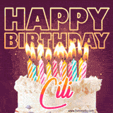 A colorful birthday cake topped with lit candles, with the words 'Happy Birthday Cili' in bold glowing letters on a burgundy background. Animated flames add a festive touch.