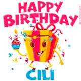 A vibrant and funny gift box character with a happy face dancing with a cupcake and the text 'Happy Birthday Cili,' surrounded by animated confetti and party vibes.